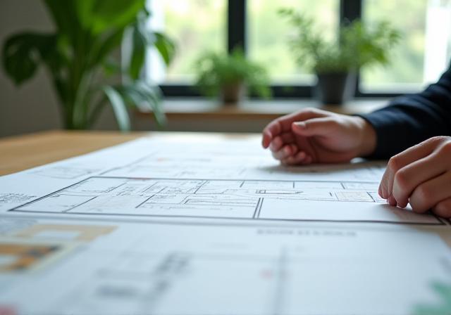 新宿のオフィスで庭園デザインの資料を確認するスタッフ